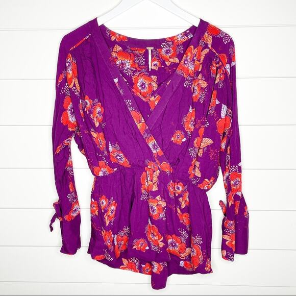 Free People Tuscan Dreams Floral Print Tie Sleeve Tunic Plum Orange XS - Picture 2 of 11